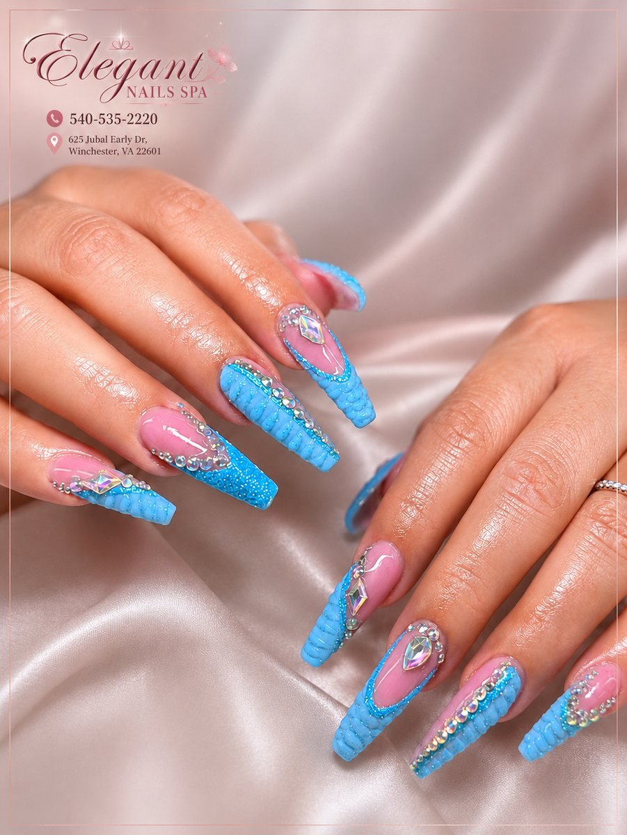 Blue and pink nail set by Elegant Nails & Spa, Winchester VA