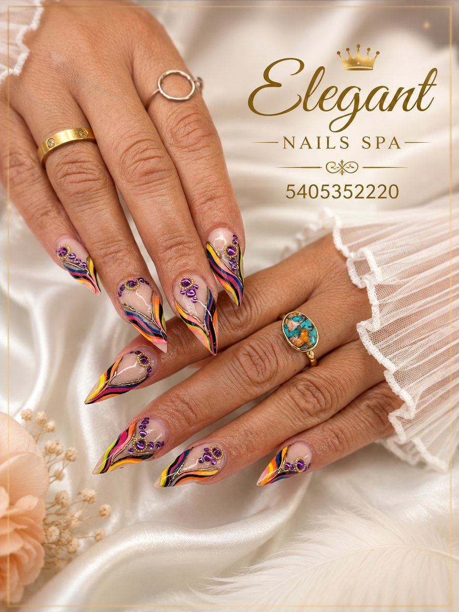 Colorful swirl nail art by Elegant Nails & Spa, Winchester VA