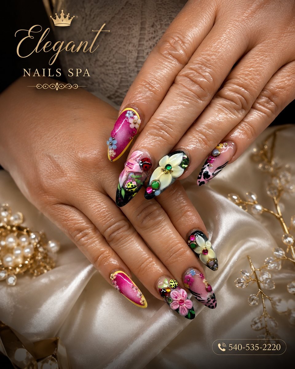 Floral nail art by Elegant Nails & Spa, Winchester VA