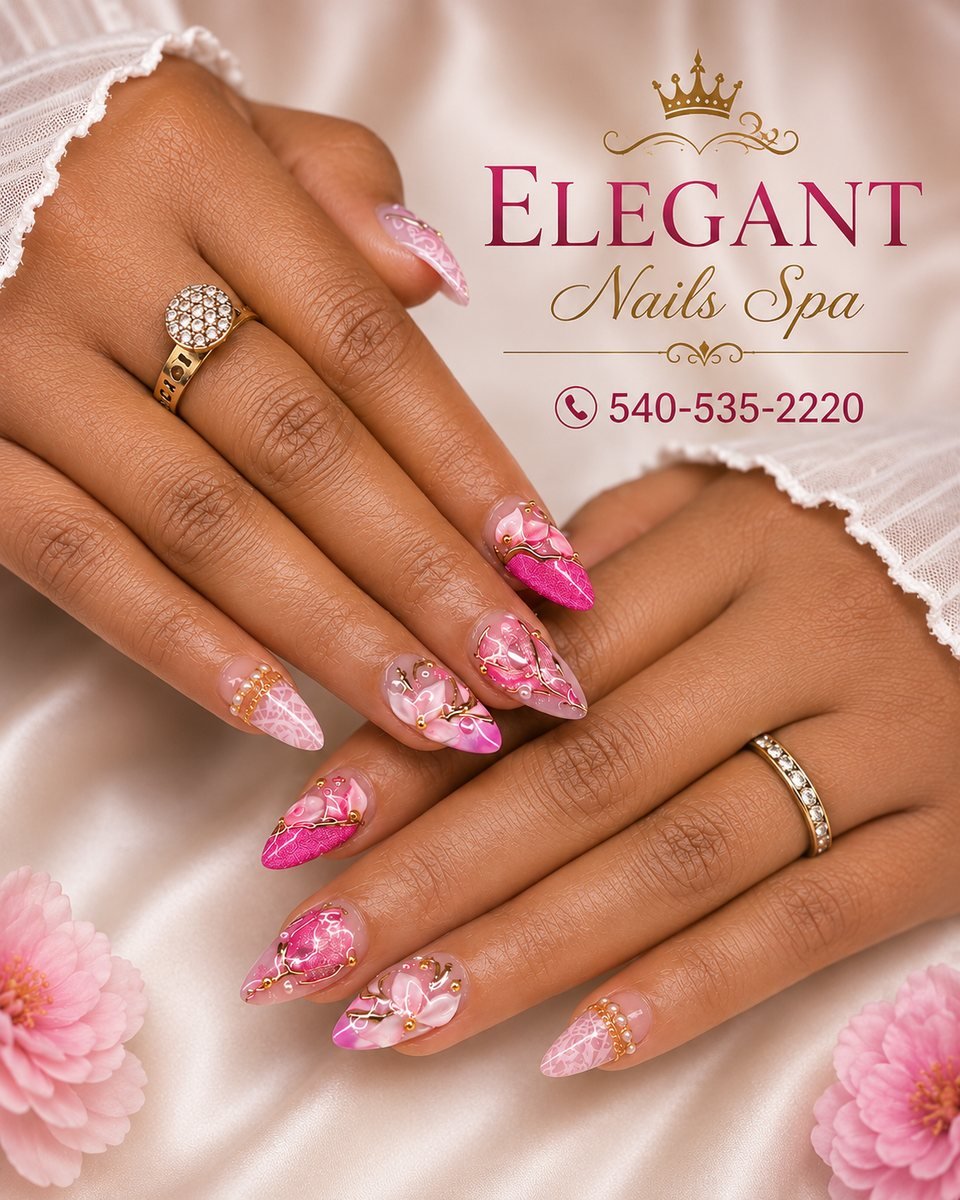 Pink floral nail set by Elegant Nails & Spa, Winchester VA