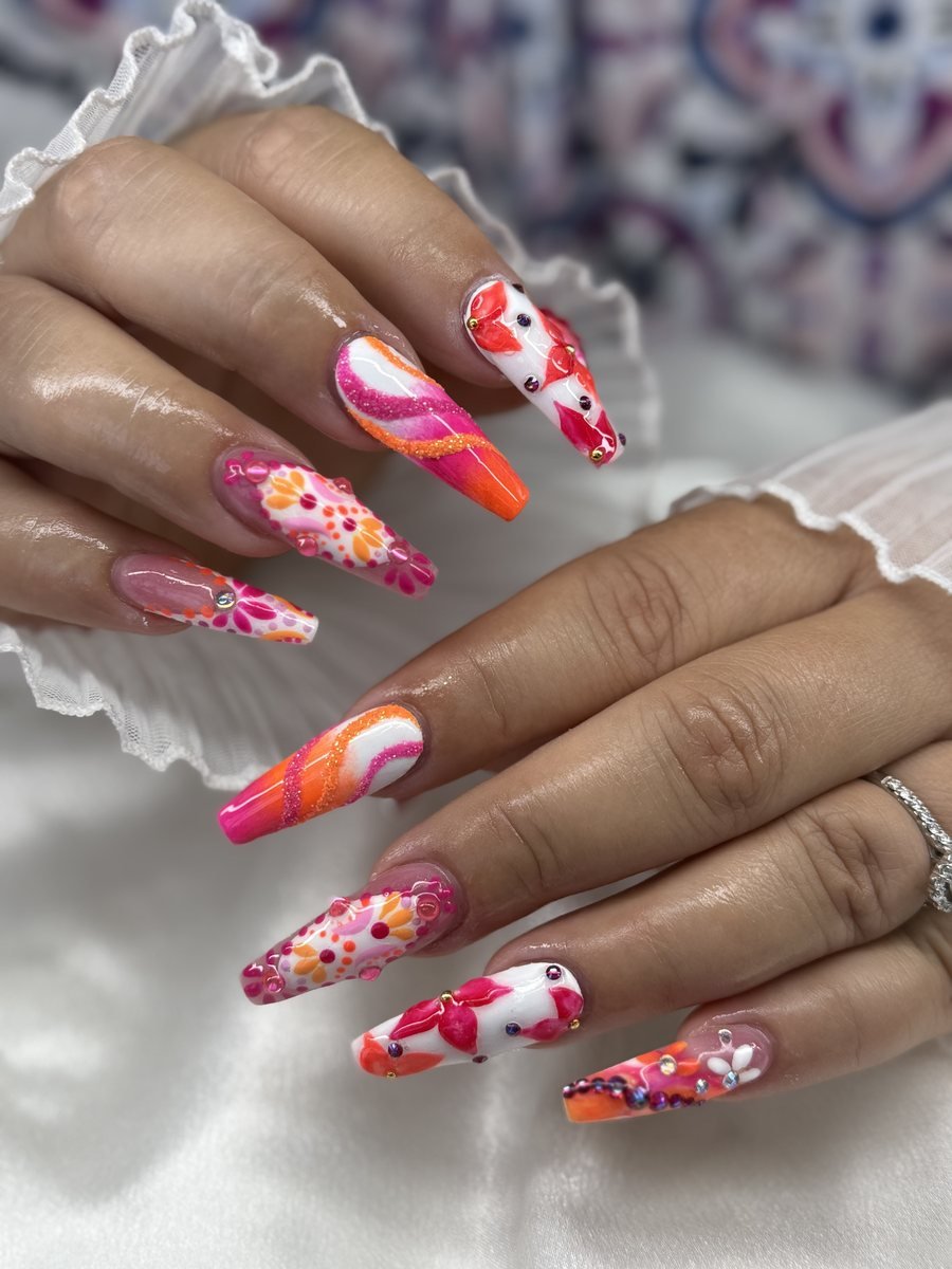 Orange and pink floral nail art, Winchester VA